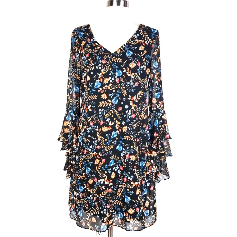 KENSIE shift dress floral bell sleeves criss cross detail v neck